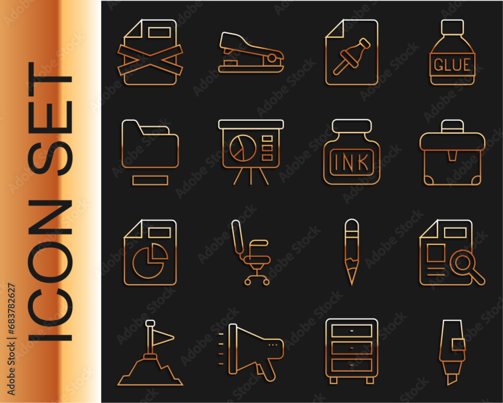 Poster set line marker pen, document with graph chart, briefcase, note paper push button, board, folder, de
