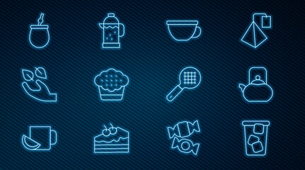 Set line Ice tea, Kettle with handle, Cup of, Muffin, Tea leaf, Mate, strainer and French press icon. Vector