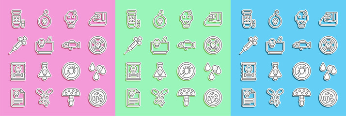 Set line Petri dish with bacteria, Acid rain, Bones and skull, Man poisoning, Mortar pestle, Syringe, Antidote and Puffer fish icon. Vector