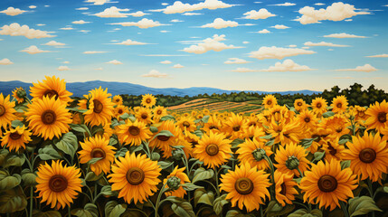 A painting of a field of sunflowers with a sky background