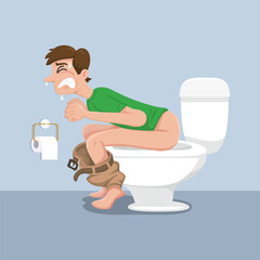 Diarrhea problem man sitting on toilet bowl,illustration vector eps10 cartoon.   - obrazy, fototapety, plakaty