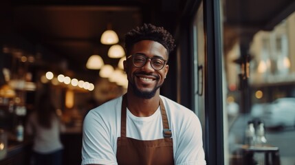 Obraz premium Portrait of a smiling African American male barista leaning with her arms crossed on the door of a trendy cafe.