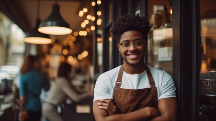 Portrait of a smiling African American male barista leaning with her arms crossed on the door of a trendy cafe. - Powered by Adobe