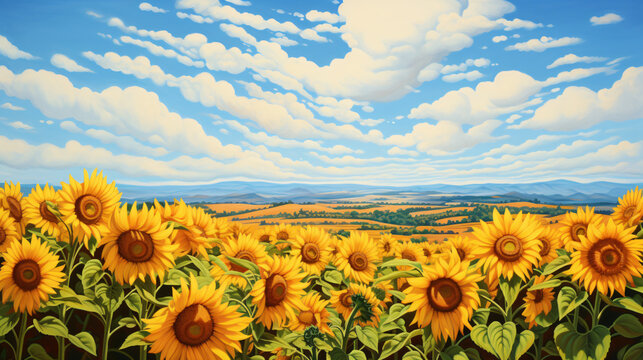 A painting of a field of sunflowers with a sky background