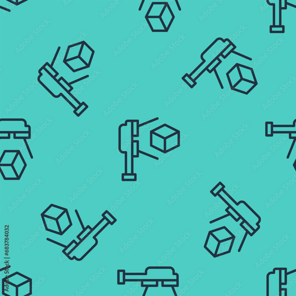 Poster black line 3d scanner with cube projection icon isolated seamless pattern on green background. vecto