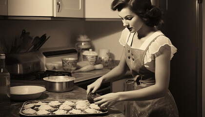 Vintage portrait of a housewife in the kitchen baking a cake or cookies. Young beauty woman cooks in the kitchen retro style old design - obrazy, fototapety, plakaty