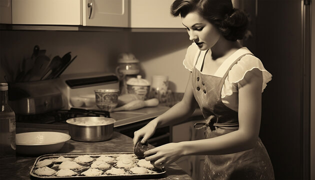 Vintage Portrait Of A Housewife In The Kitchen Baking A Cake Or Cookies. Young Beauty Woman Cooks In The Kitchen Retro Style Old Design