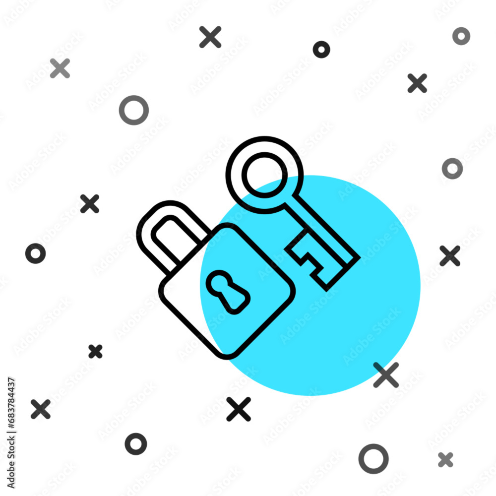 Poster Black line Lock with key icon isolated on white background. Love symbol and keyhole sign. Random dynamic shapes. Vector