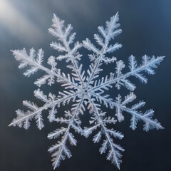 Close-up of snowflake against dark-blue background in sun light - obrazy, fototapety, plakaty