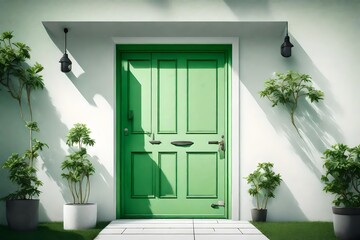 artistic view of the back door of the house ,  is white and the walls are lite green , hd 