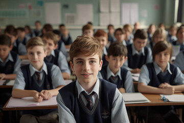 Young boy at school in a lesson class. Boy at the desk in a classroom. Boy smiling at school. Education. AI.​