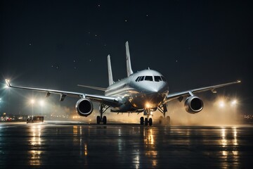 Fototapeta na wymiar Landing or flying in a large plane on the runway at night.