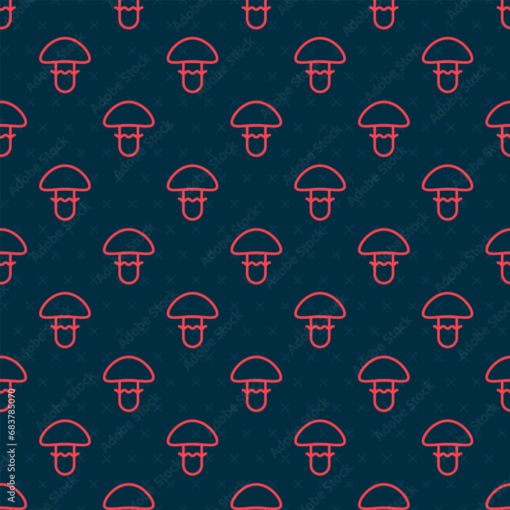 Poster red line mushroom icon isolated seamless pattern on black background. vector