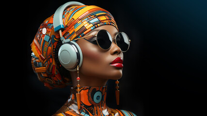 cool black woman with sunglasses and headphones in front of colorful abstract background