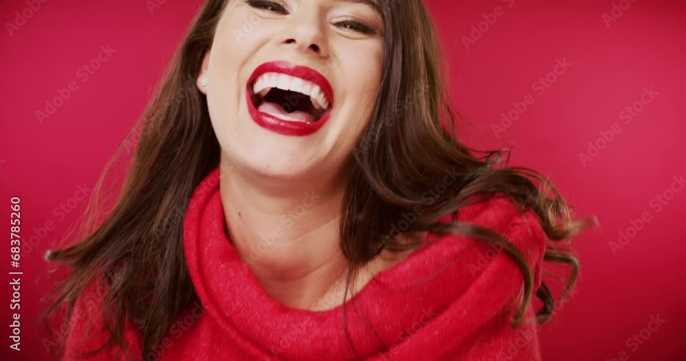 Sticker Woman, face and hand for kiss in studio on red background for valentines day beauty, cosmetics as mockup space. Female person, model and flirt smile for confidence, blowing gesture as emoji laugh