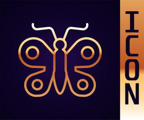 Gold line Butterfly icon isolated on black background. Vector