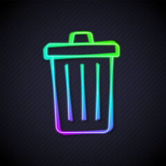 Glowing neon line Trash can icon isolated on black background. Garbage bin sign. Recycle basket icon. Office trash icon. Vector