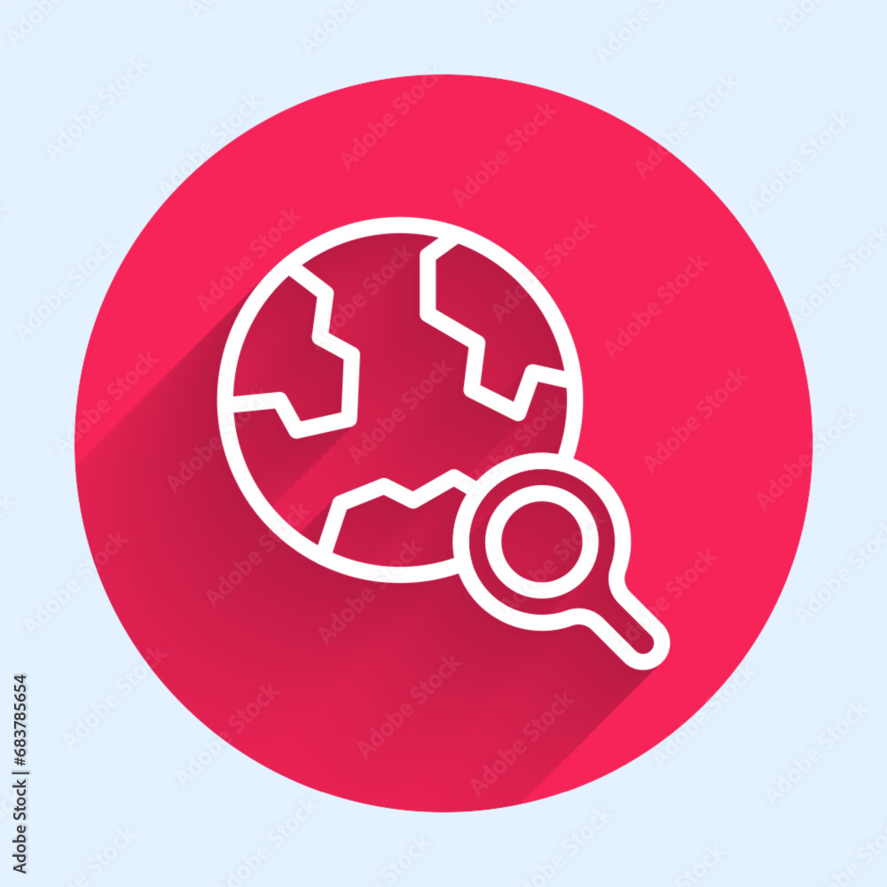 Poster white line magnifying glass with globe icon isolated with long shadow background. analyzing the worl
