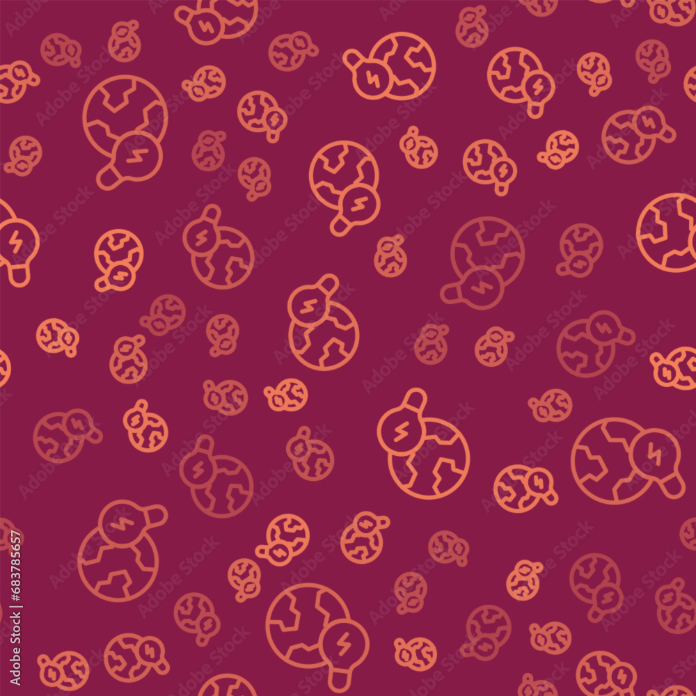 Poster brown line global energy power planet with bulb icon isolated seamless pattern on red background. ec