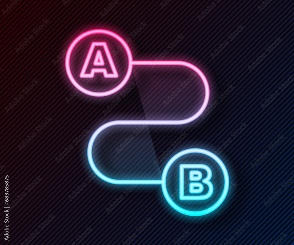Poster glowing neon line route location icon isolated on black background. map pointer sign. concept of pat