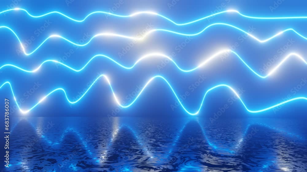 Poster neon design of curved blue lines. 4k video with various neon elements and a reflecting floor. looped