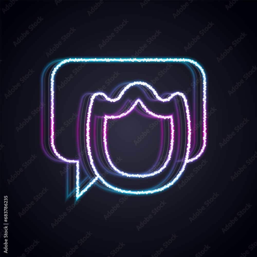 Poster glowing neon line speech bubble chat icon isolated on black background. message icon. communication 