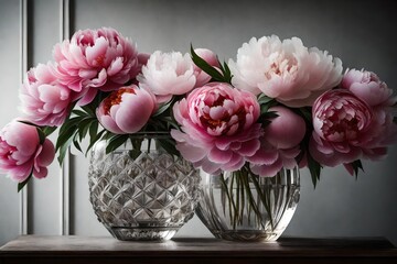 A crystal vase filled with blooming peonies. 