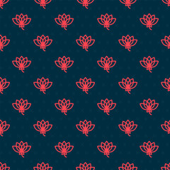 Red line Lotus flower icon isolated seamless pattern on black background. Vector