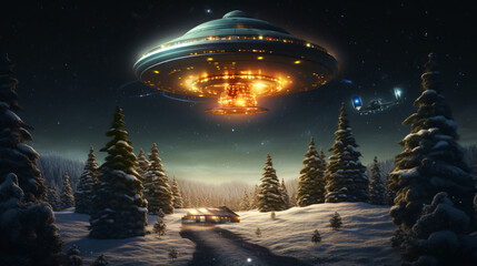 Spaceship and udo with a Christmas tree - obrazy, fototapety, plakaty