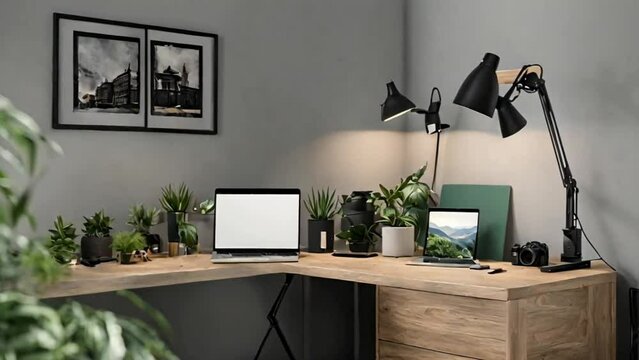 Ai generative a modern workspace with a desk, laptop, lamp, plant, and other office supplies. The desk is made of wood and the wall behind it is painted gray.,The laptop is open.