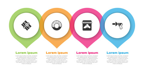 Set Stacks paper money cash, Donut, Evidence bag with gun and Police megaphone. Business infographic template. Vector