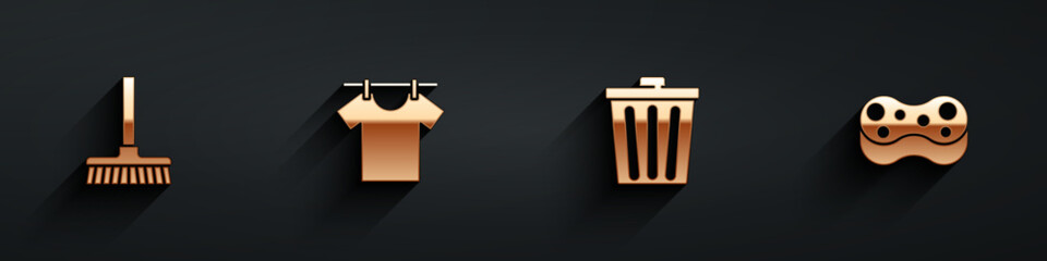 Set Handle broom, Drying clothes, Trash can and Sponge icon with long shadow. Vector
