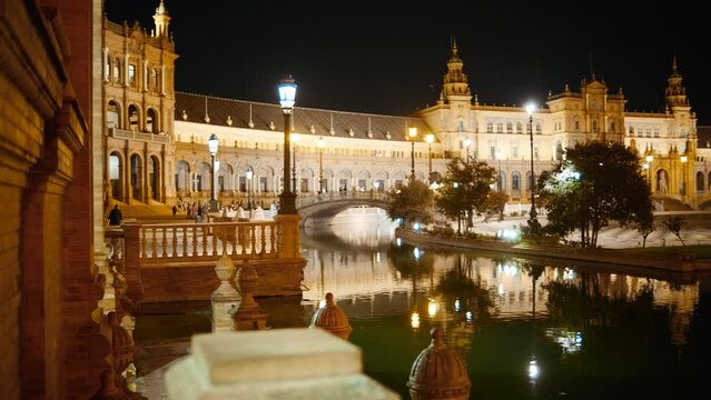 Night view of Plaza de Espana, Seville, Andalucia, Spain, built for the Ibero-American Exposition of 1929 designed by Anibal Gonzalez