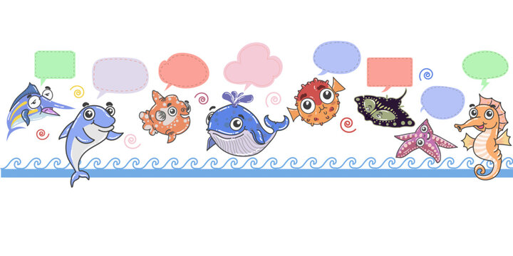 Cute and happy kinds of fish cartoon with speech bubble vector isolated 
