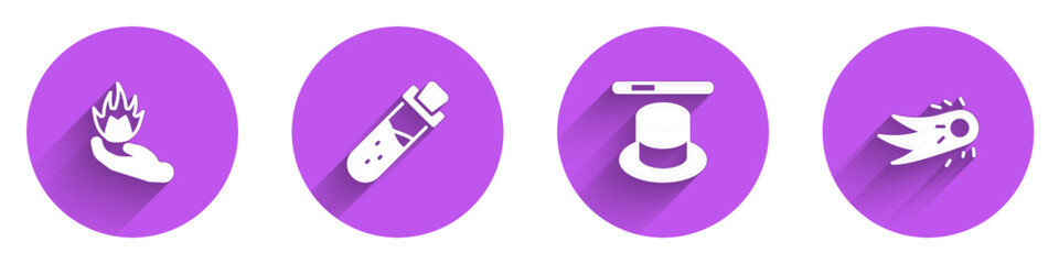 Set Hand holding a fire, Bottle with potion, Magic hat wand and Fireball icon with long shadow. Vector
