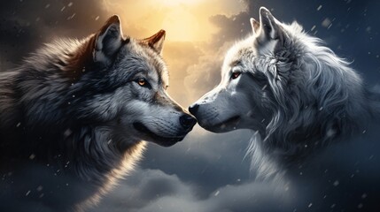 two wolves in the moonlight - obrazy, fototapety, plakaty