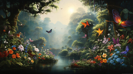 Fototapeta na wymiar A painting of a jungle with birds and butterflies