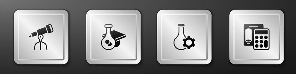 Set Telescope, Graduation cap, Test tube and Calculator icon. Silver square button. Vector