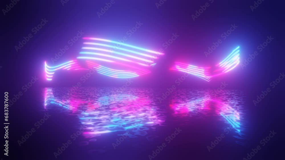 Poster neon design of curved rings 4k video with various neon elements and a reflecting floor. looped 3d re