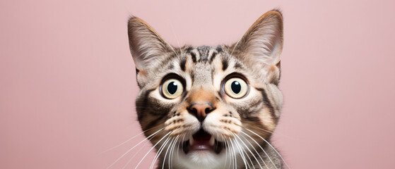 A Delightfully Surprised Cat Captured Against a Vibrant Pink Background, Eliciting a Playful Expression of Feline Amazement and Curiosity in a Moment of Whimsical Charm - obrazy, fototapety, plakaty