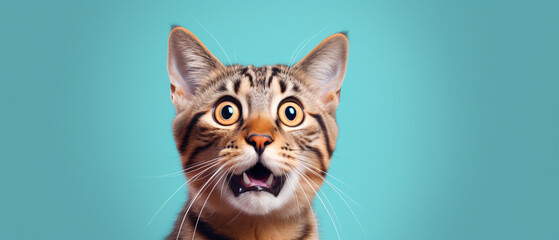 A Delightfully Surprised Cat Captured Against a Vibrant Blue Background, Eliciting a Playful Expression of Feline Amazement and Curiosity in a Moment of Whimsical Charm