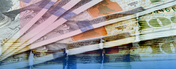 dollars, banknotes on white background. Top view. black friday, sale. Banner.