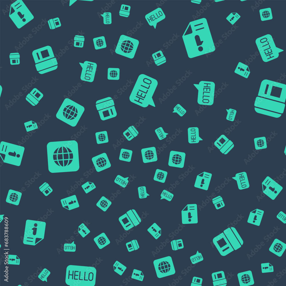 Poster set hello in different languages, information, worldwide and telephone handset on seamless pattern. 