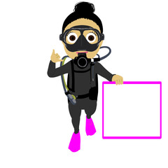 Girl scuba diver with message board