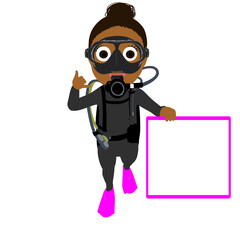 Girl scuba diver with message board