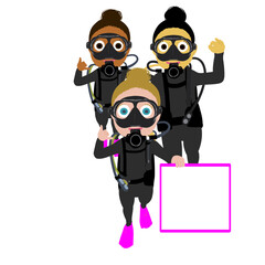 Group of girl scuba divers with message board