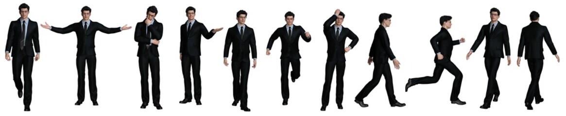 3D Render : set of male character is standing and wearing the business outfit with different body action, PNG transparent,isolated for graphic resource