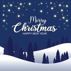 Christmas landscape vector illustration with christmas tree, snow and twinkling bulbs with blue background