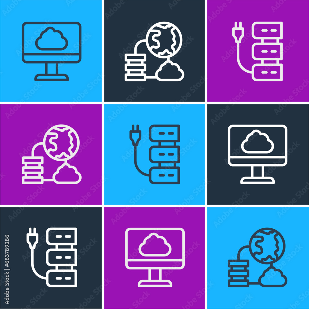 Poster set line cloud technology data transfer, server and network cloud connection icon. vector