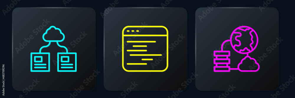Poster set line cloud technology data transfer, network cloud connection and software. black square button.